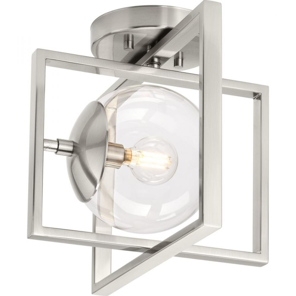Atwell Collection 10&#34; One-Light Mid-Century Modern Brushed Nickel Clear Glass Semi-Flush Mount L