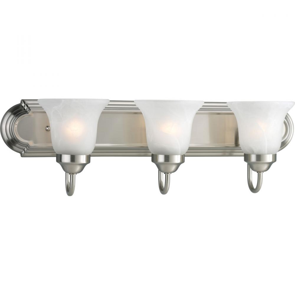 Three-Light Brushed Nickel Alabaster Glass Traditional Bath Vanity Light