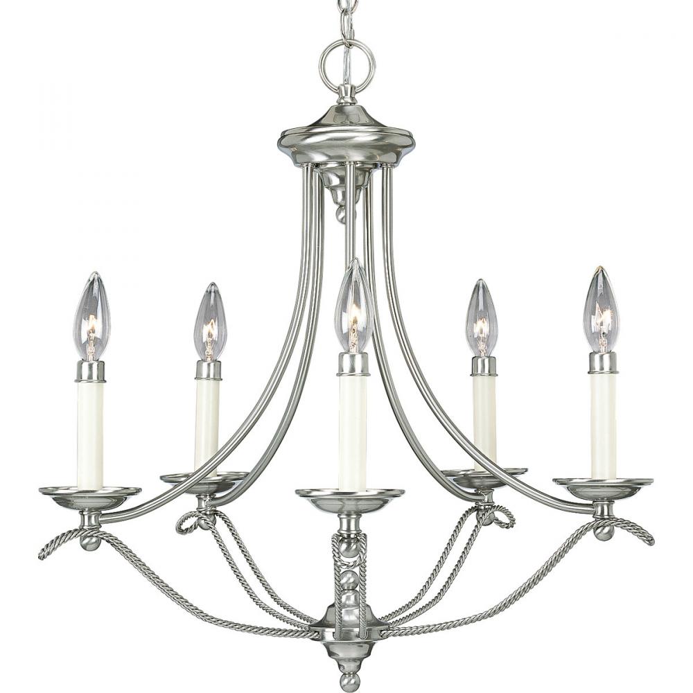 Five Light Brushed Nickel White Finish Candle Sleeves Glass Up Chandelier