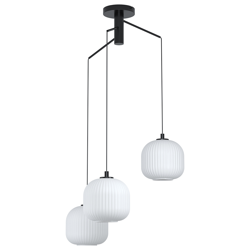 3 LT Staircase Pendant Black With White ribbed Glass 40W