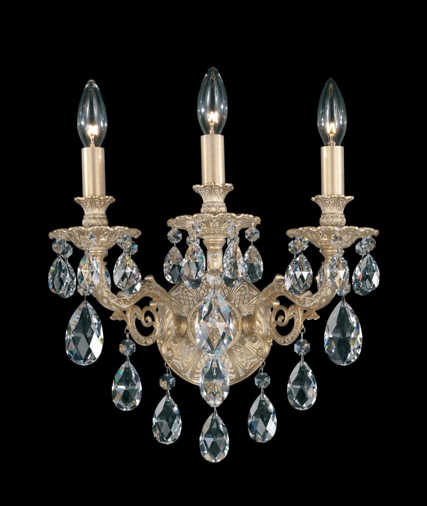 Milano 3 Light 120V Wall Sconce in Florentine Bronze with Clear Heritage Handcut Crystal