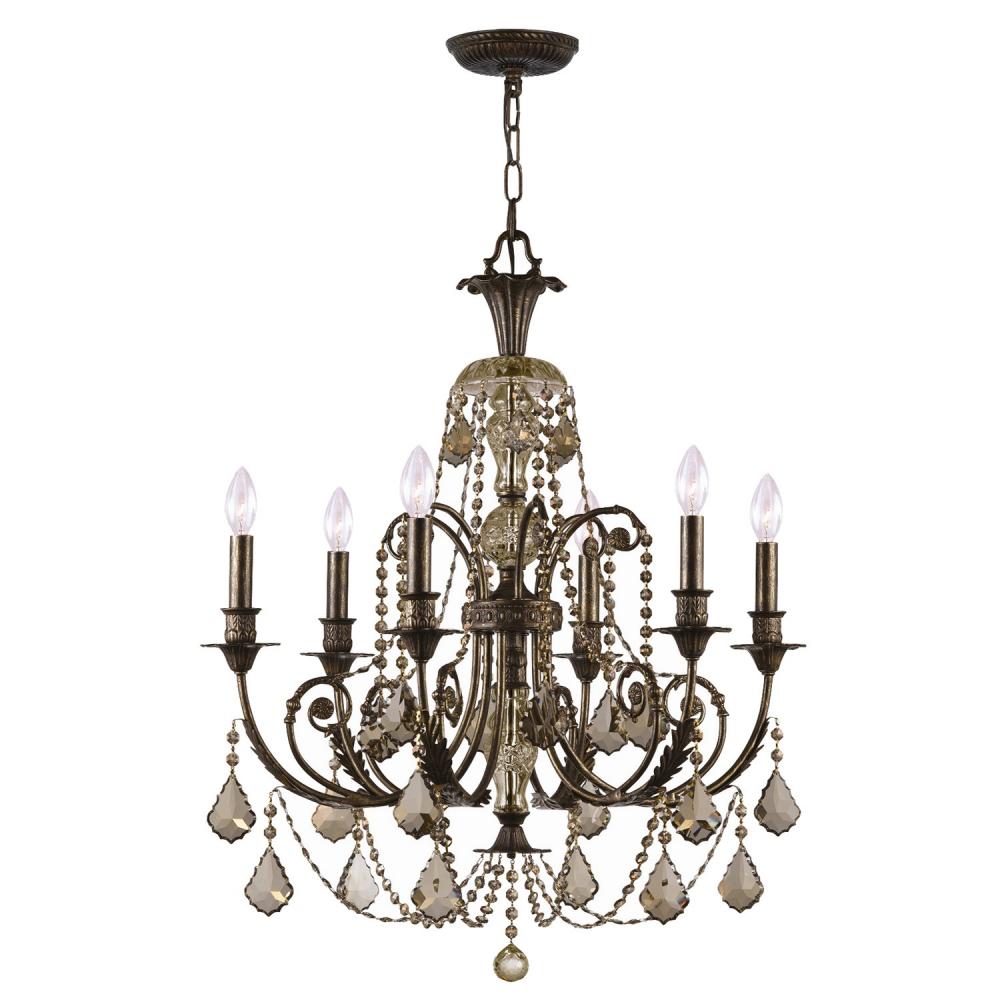 Regis 6 Light Golden Teak Hand Cut Crystal English Bronze Chandelier