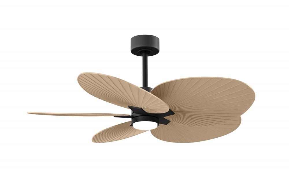 Alessandra Tropical 5-blade ceiling fan in Matte Black and Light Maple blades.