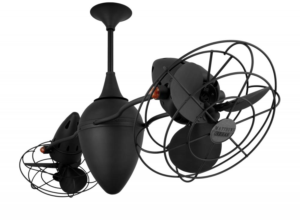 Ar Ruthiane 360° dual headed rotational ceiling fan in Matte Black finish with metal blades.