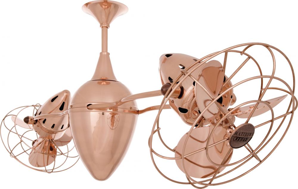Ar Ruthiane 360° dual headed rotational ceiling fan in polished copper finish with metal blades.