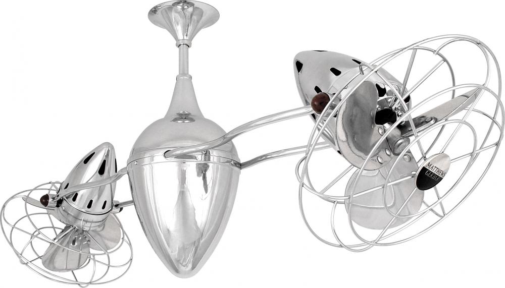 Ar Ruthiane 360° dual headed rotational ceiling fan in polished chrome finish with metal blades.