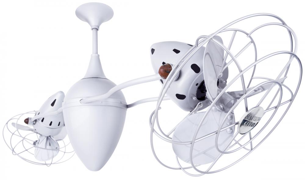 Ar Ruthiane 360° dual headed rotational ceiling fan in gloss white finish with metal blades.