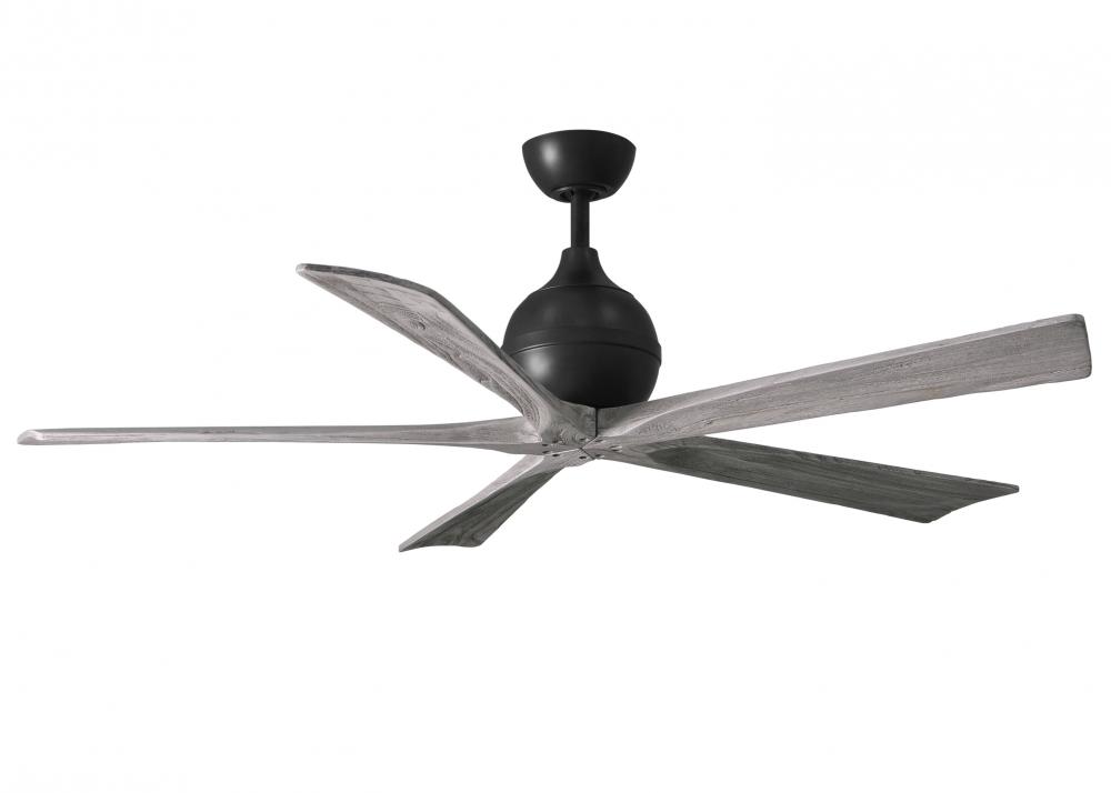 Irene-5 five-blade paddle fan in Matte Black finish with 60&#34; solid barn wood tone blades.