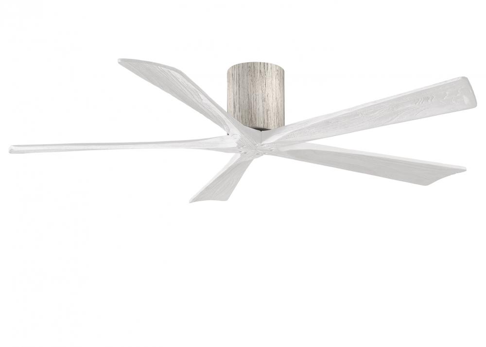 Irene-5H five-blade flush mount paddle fan in Barn Wood finish with 60” solid matte white wood b