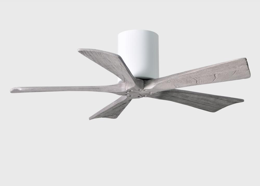 Irene-5H five-blade flush mount paddle fan in Gloss White finish with 42” solid barn wood tone b