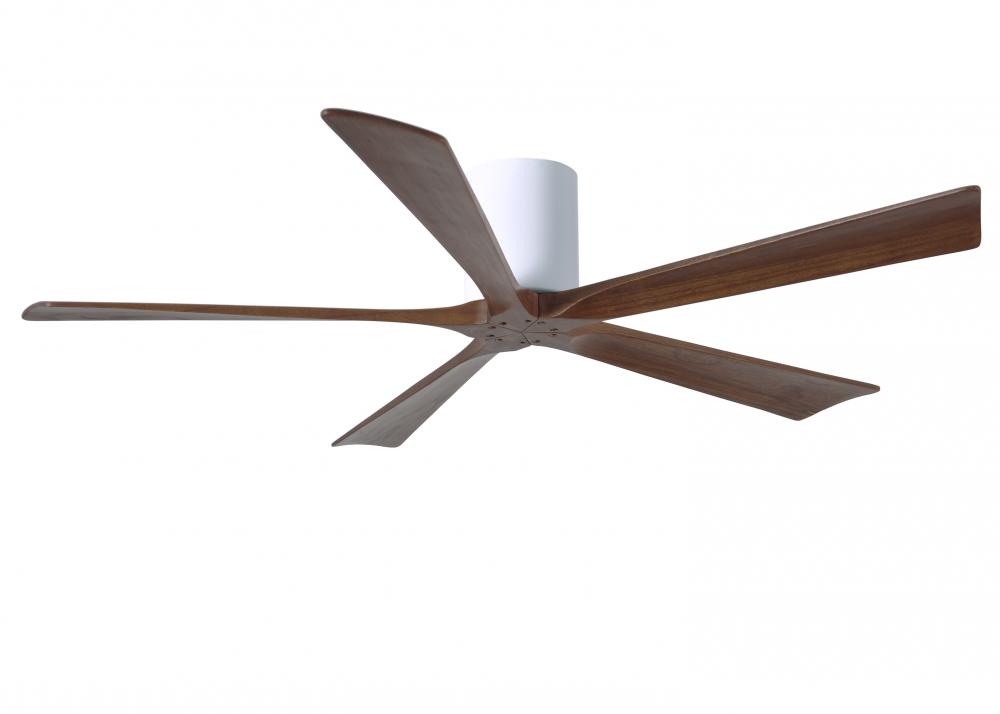 Irene-5H five-blade flush mount paddle fan in Gloss White finish with 60” solid walnut tone blad
