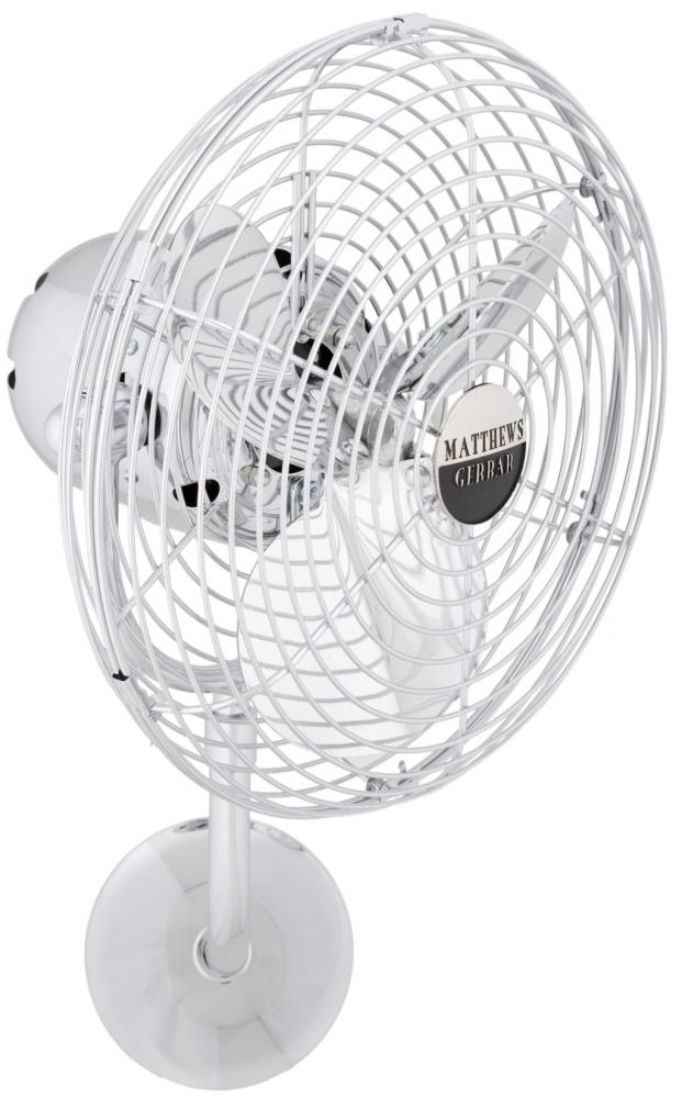 Michelle Parede vintage style wall fan in polished chrome finish. Optimized for damp locations.