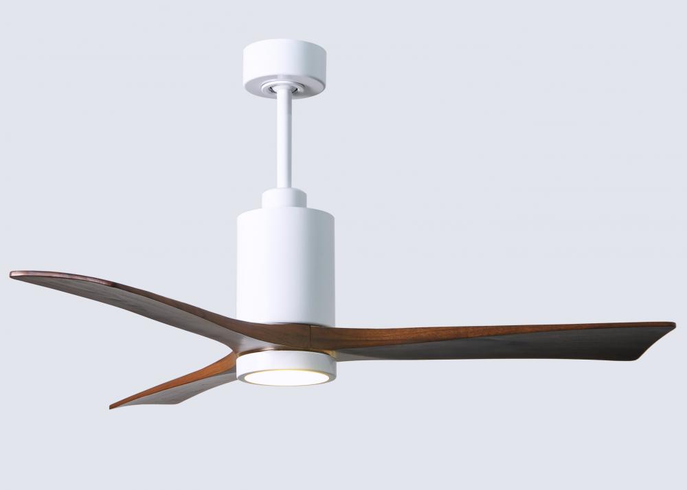 Patricia-3 three-blade ceiling fan in Gloss White finish with 52” solid walnut tone blades and d