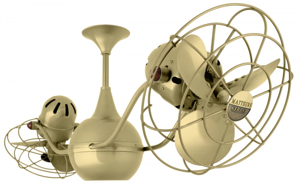 Vent-Bettina 360° dual headed rotational ceiling fan in brushed brass finish with metal blades.