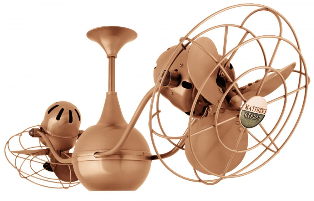Vent-Bettina 360° dual headed rotational ceiling fan in brushed copper finish with metal blades.
