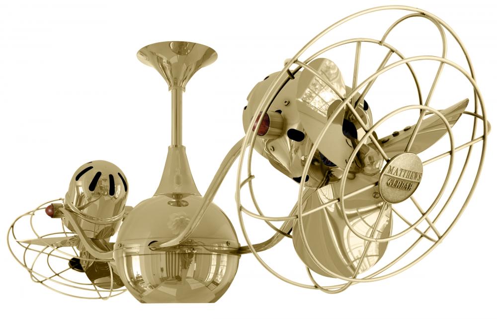 Vent-Bettina 360° dual headed rotational ceiling fan in polished brass finish with metal blades.