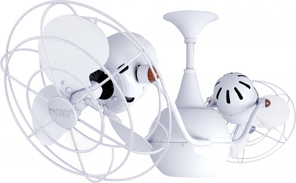 Vent-Bettina 360° dual headed rotational ceiling fan in gloss white finish with metal blades.