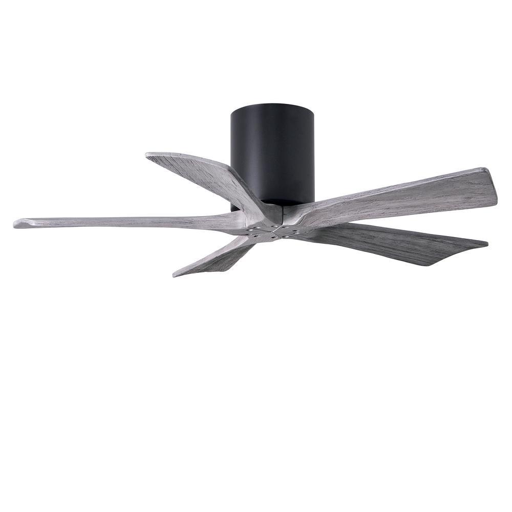 Irene-5H five-blade flush mount paddle fan in Matte Black finish with 42” solid barn wood tone b