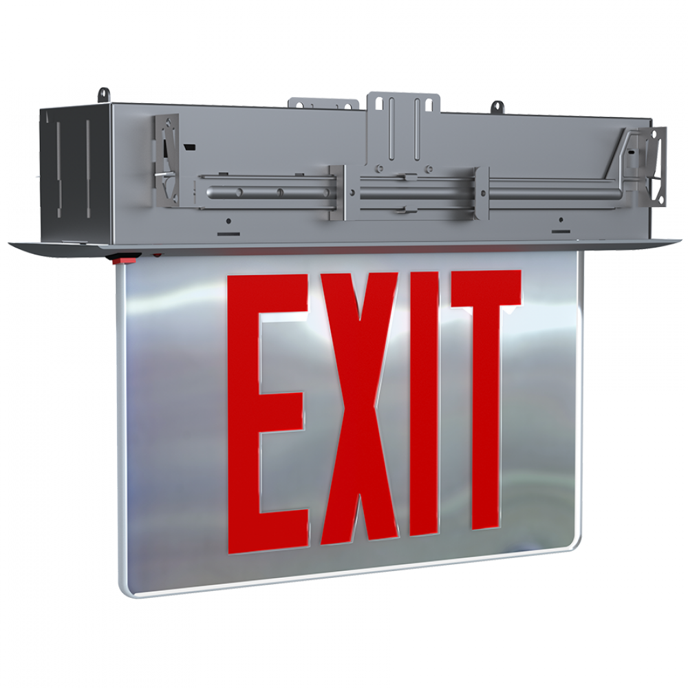 RECESSED EDGE-LIT EXIT SIGN UNV FACES RED LETTERS MIRROR PANEL ALUMINUM