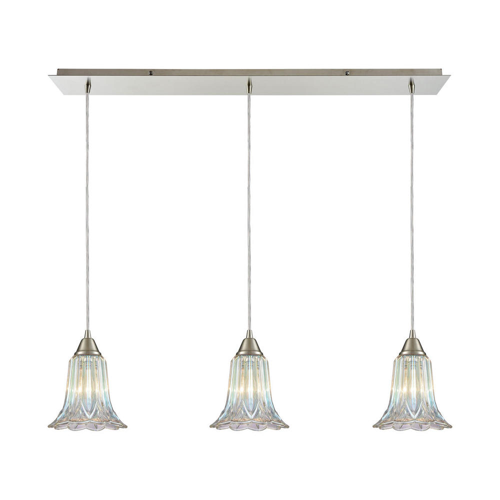 Walton 3-Light Linear Mini Pendant Fixture in Satin Nickel with Dichroic Pressed Glass