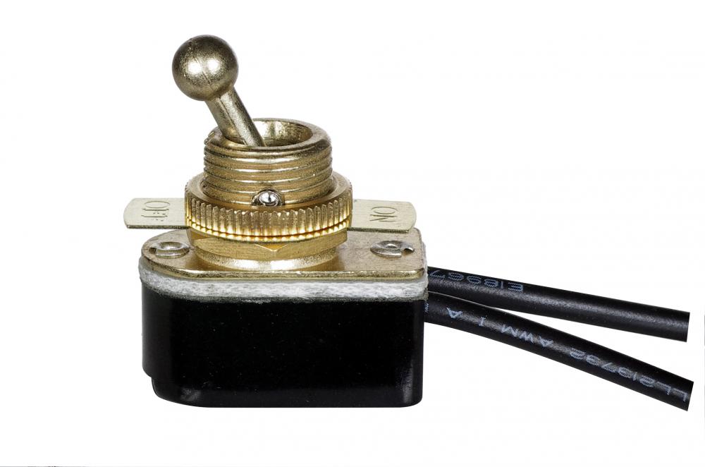 On-Off Metal Toggle Switch; Single Circuit; 6A-125V, 3A-250V Rating; 6&#34; Leads; Brass Finish