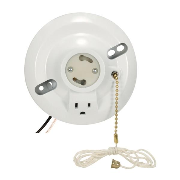 White Phenolic GU24 On-Off Pull Chain Ceiling Receptacle With Grounded Outlet; 6&#34; AWM B/W Leads