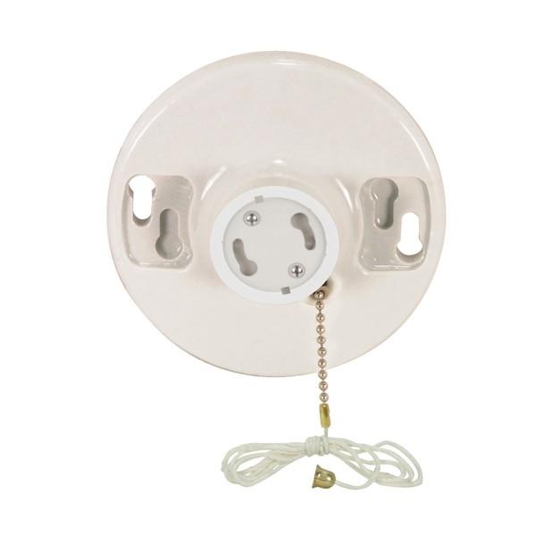 4 Terminal White Phenolic GU24 On-Off Pull Chain Ceiling Receptacle; Screw Terminals; 4-3/8&#34;