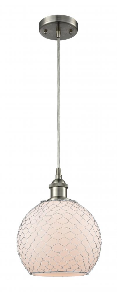 Farmhouse Chicken Wire - 1 Light - 8 inch - Brushed Satin Nickel - Cord hung - Mini Pendant