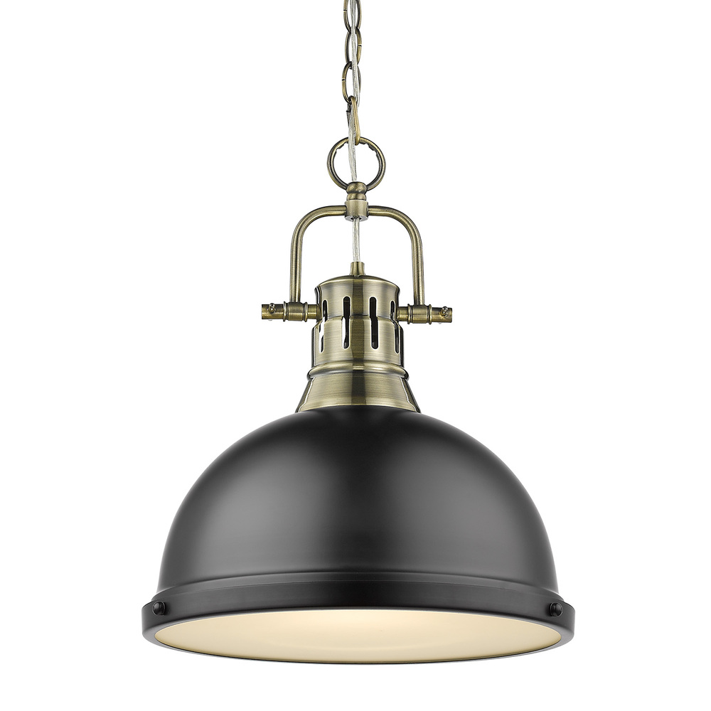 Duncan 1 Light Pendant with Chain in Aged Brass with a Matte Black Shade