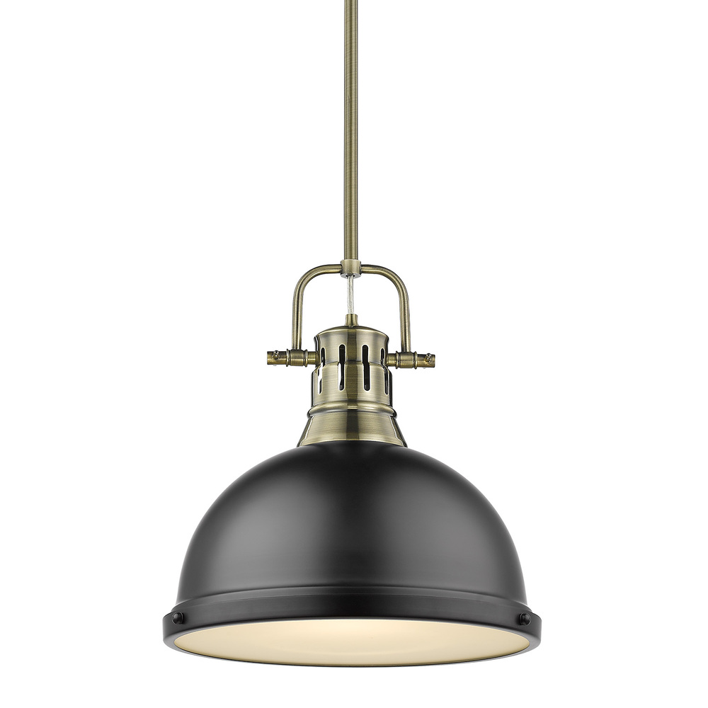 Duncan 1 Light Pendant with Rod in Aged Brass with a Matte Black Shade