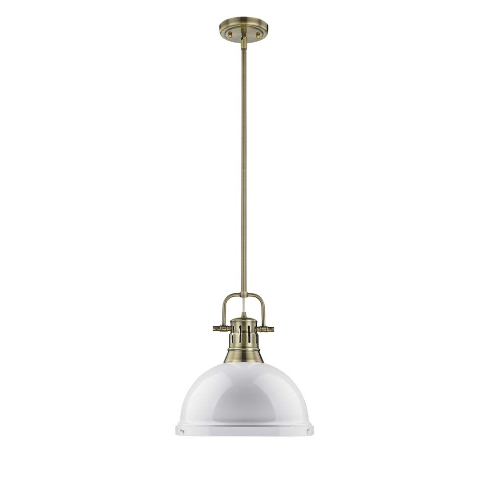 Duncan 1 Light Pendant with Rod in Aged Brass with a White Shade