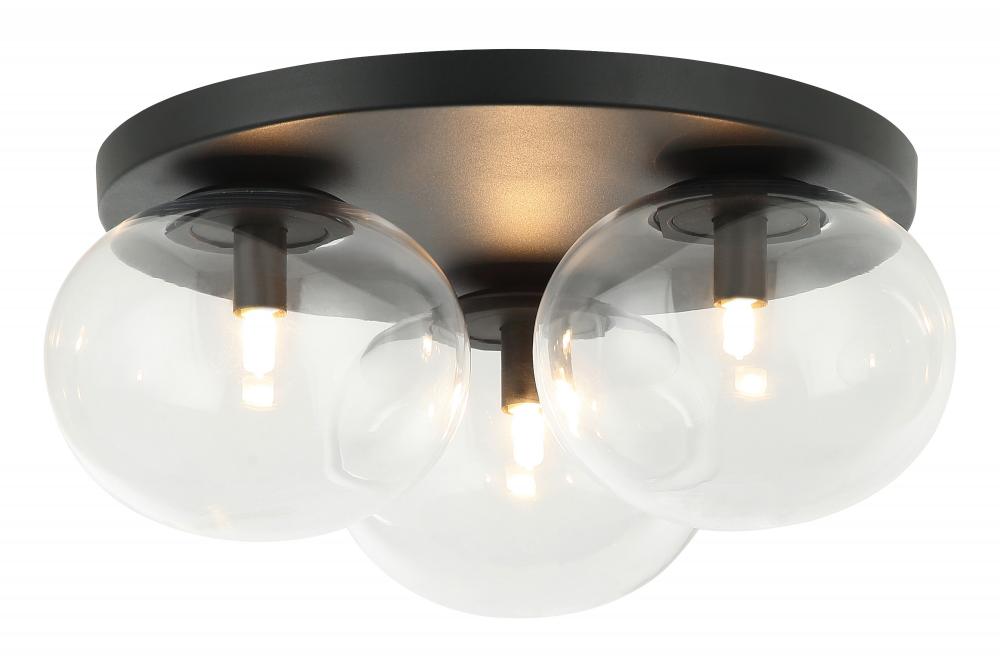 3 LT 16&#34;DIA &#34;BULBUS&#34; MATTE BLACK CEILING MOUNT / CLEAR GLASS G9 LED 10W