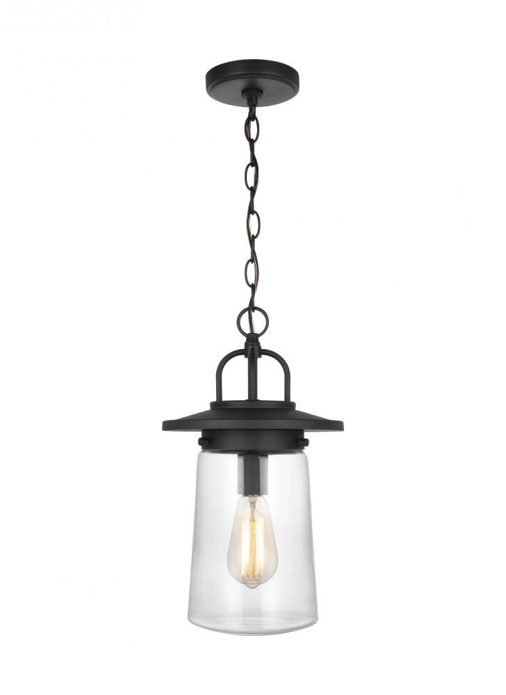 Tybee traditional 1-light outdoor exterior pendant in black finish with clear glass shade