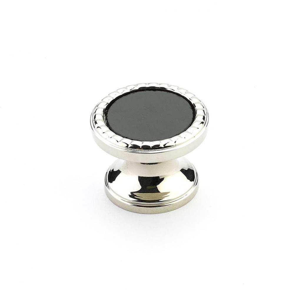 Knob, Round, Polished Nickel, Classic Black Glass, 1-1/4&apos;&apos; dia