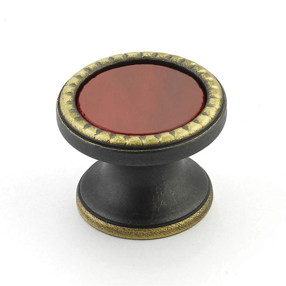 Knob, Round, Ancient Bronze, Scarlet Glass, 1-1/4&apos;&apos; dia