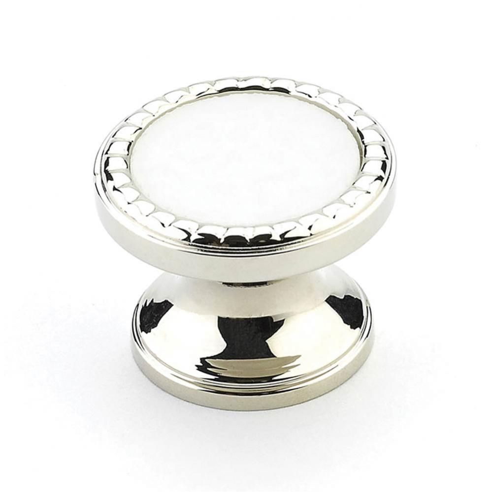 Knob, Round, Polished Nickel, Classic White Glass, 1-1/4&apos;&apos; dia