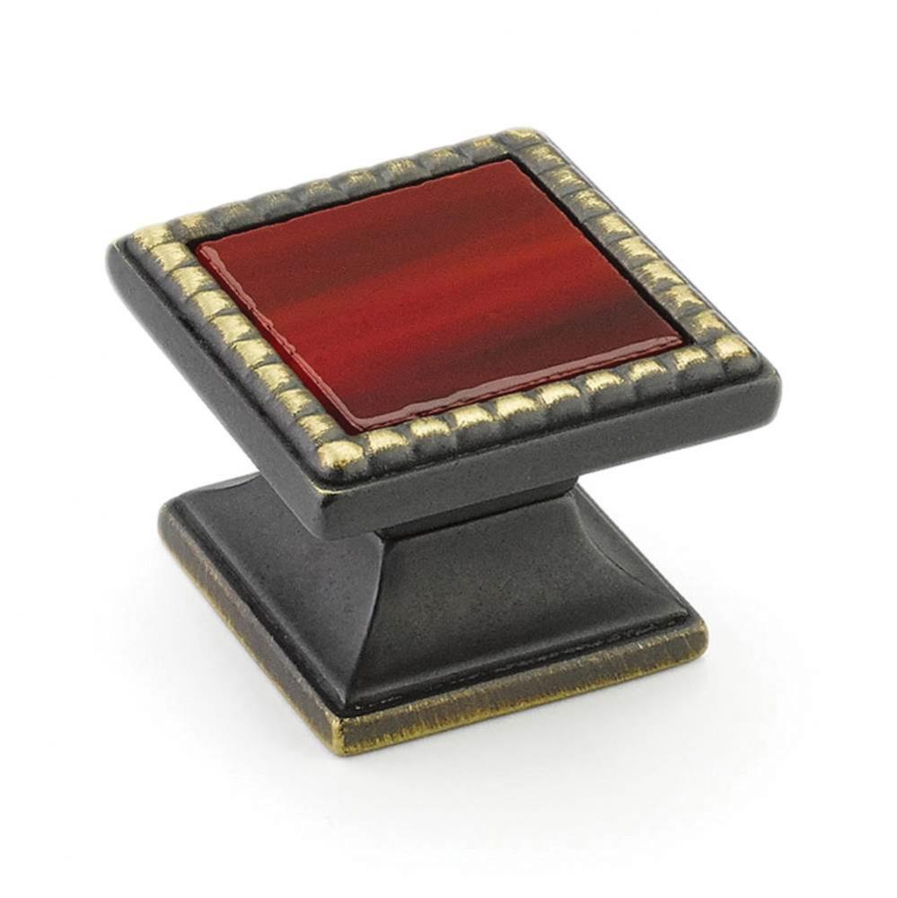 Knob, Square, Ancient Bronze, Scarlet Glass, 1-1/4&apos;&apos; dia