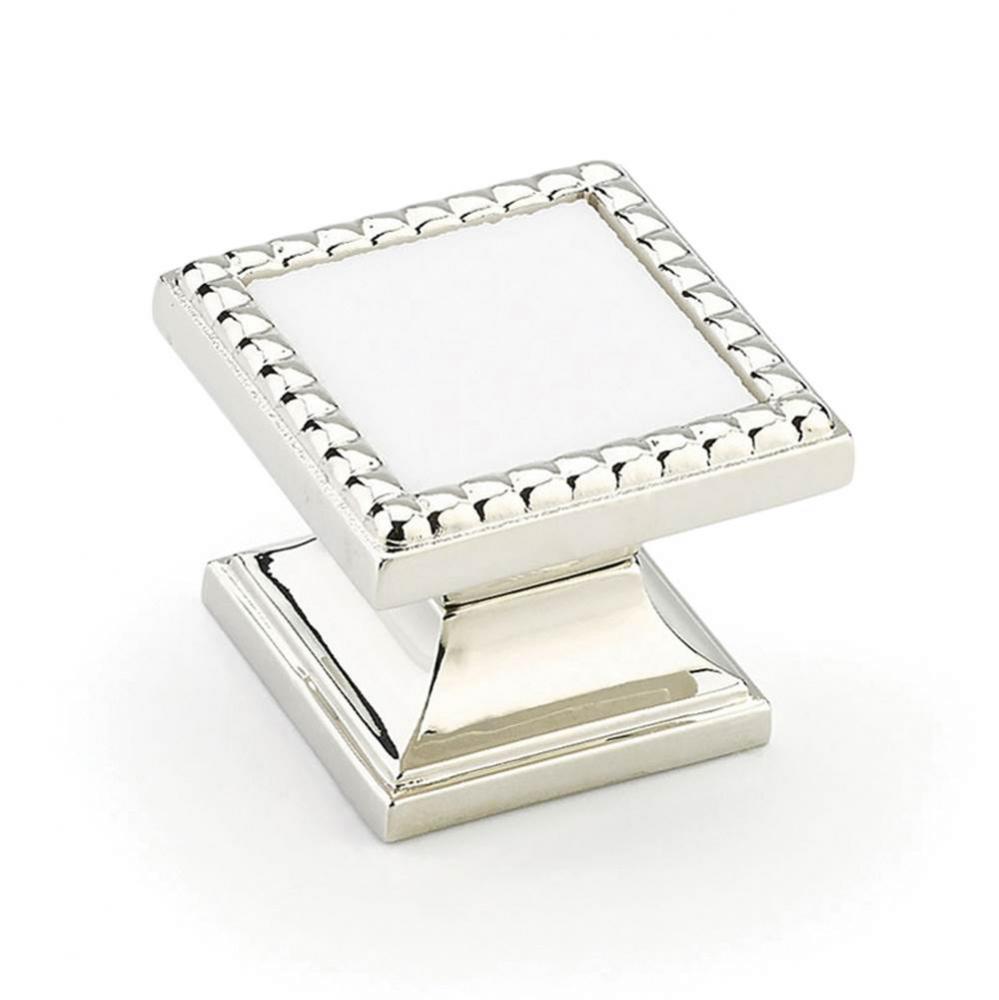 Knob, Square, Polished Nickel, Classic White Glass Inlay, 1-1/4&apos;&apos; dia