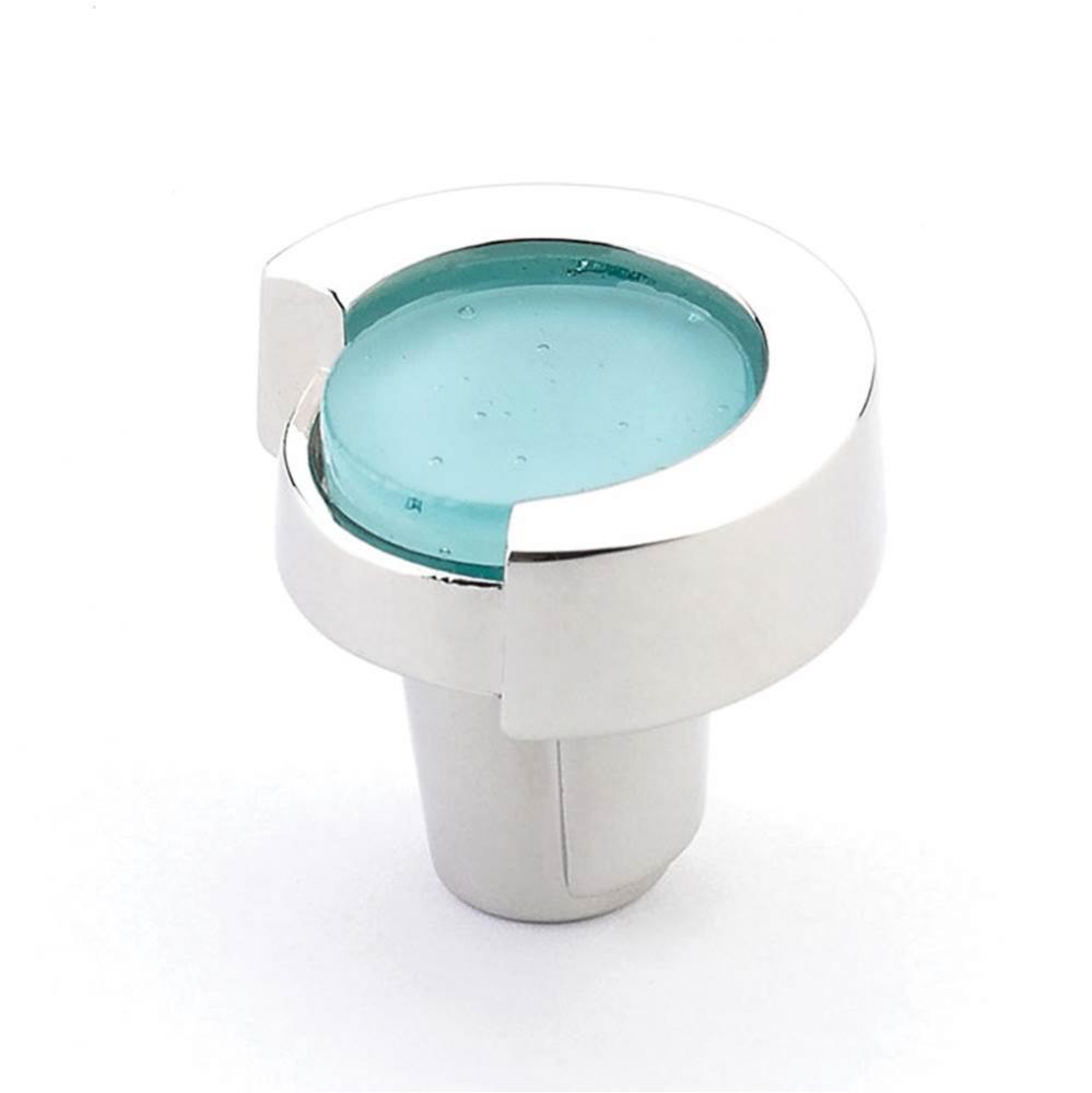 Knob, Round, Polished Nickel, Turquoise Glass, 1-1/4&apos;&apos; dia