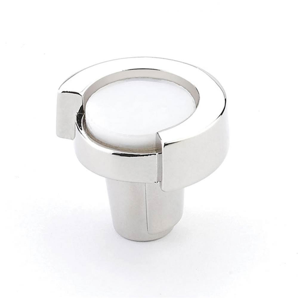 Knob, Round, Polished Nickel, White Glass, 1-1/4&apos;&apos; dia