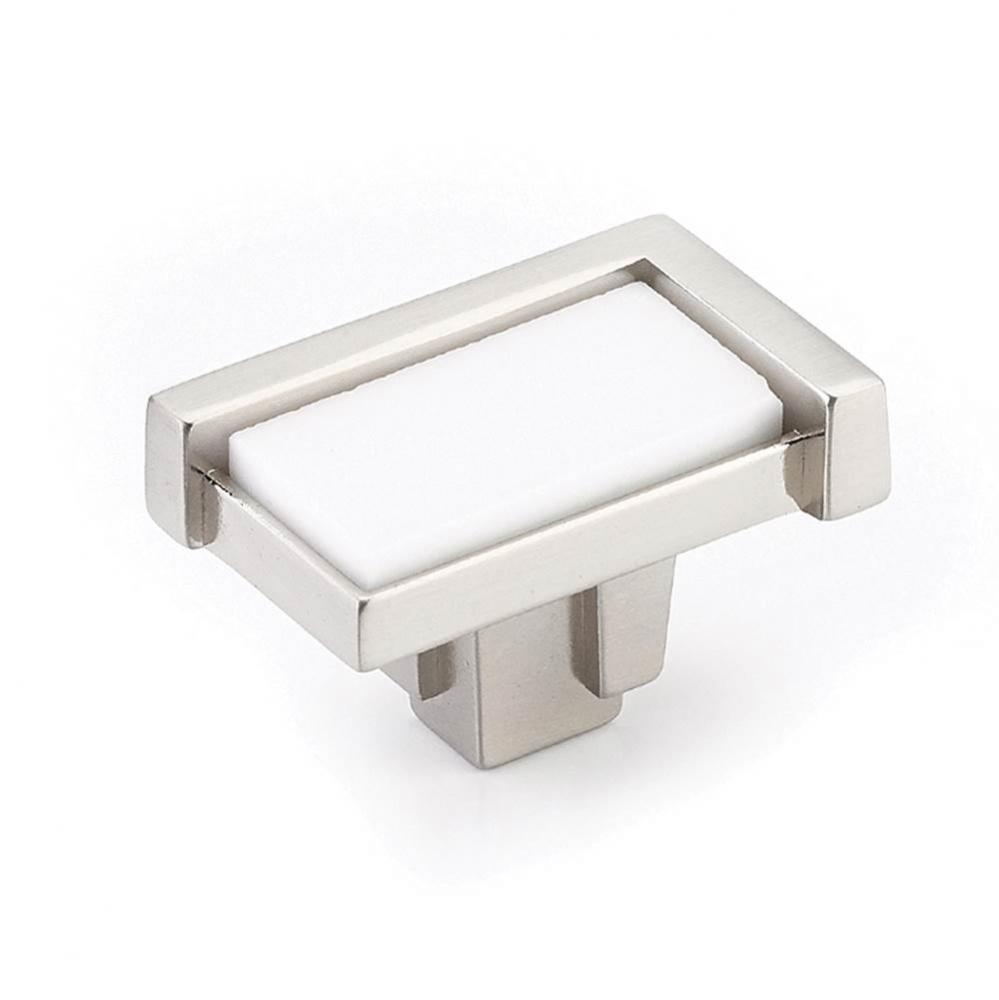 Knob, Rectangle, Satin Nickel, White Glass, 1-3/4&apos;&apos; dia