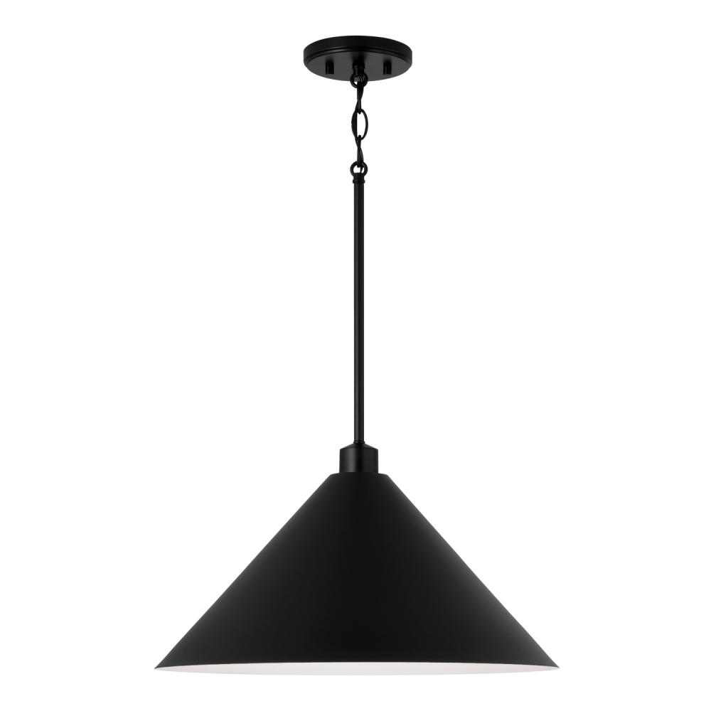 1-Light Metal Cone Pendant in Matte Black with White Interior