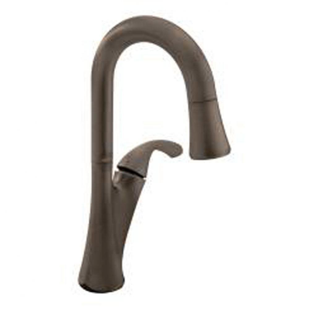 Oil rubbed bronze one-handle pulldown bar faucet