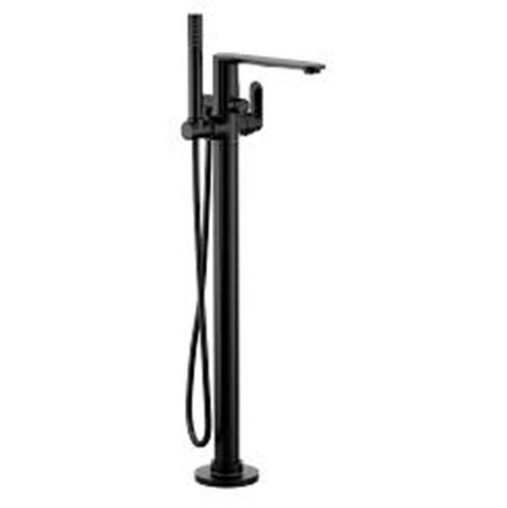 Matte black one-handle tub filler includes hand shower