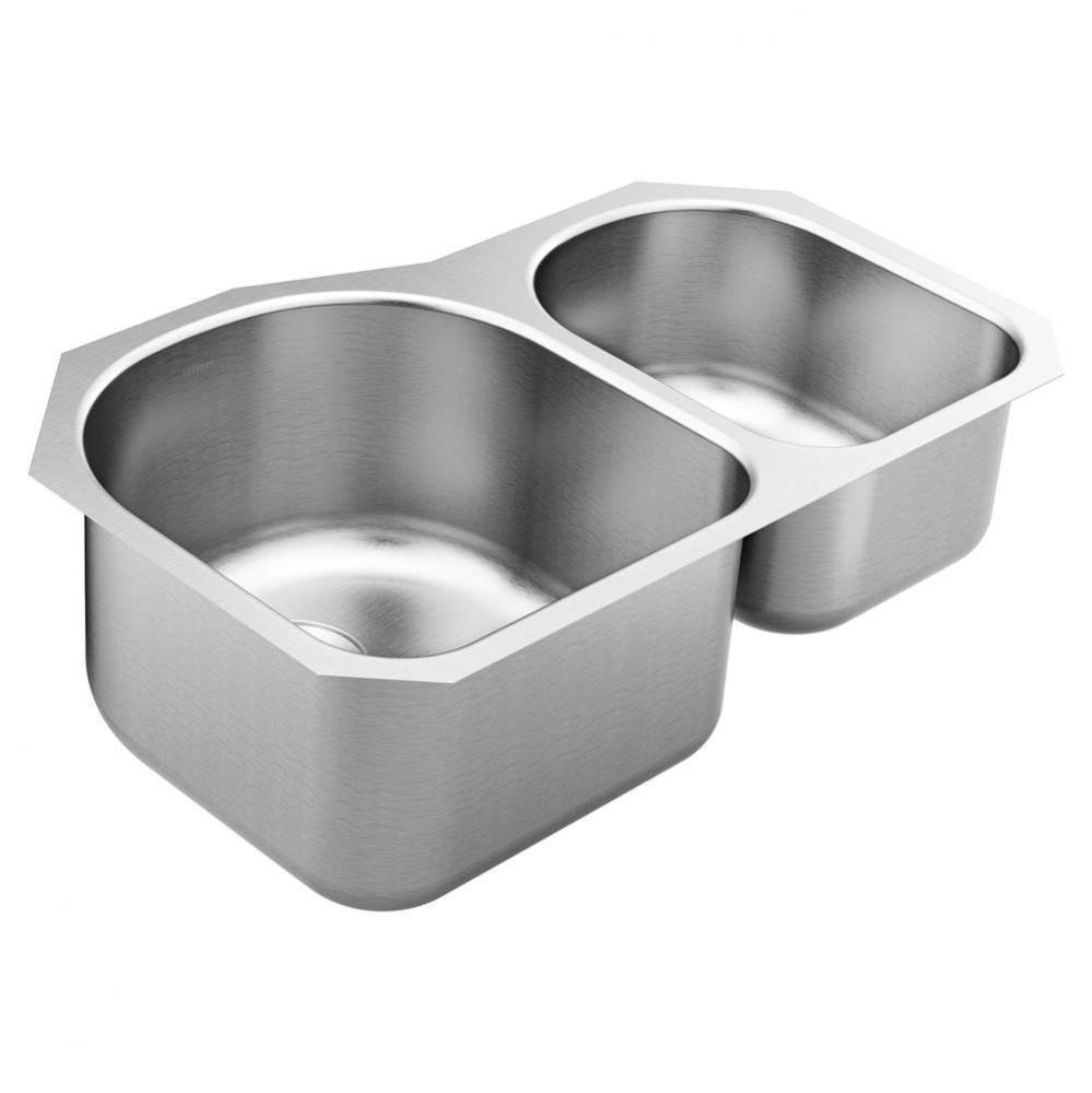 1800 Series 31.25-inch 18 Gauge Undermount Double Bowl Stainless Steel Kitchen Sink, Rear Drain