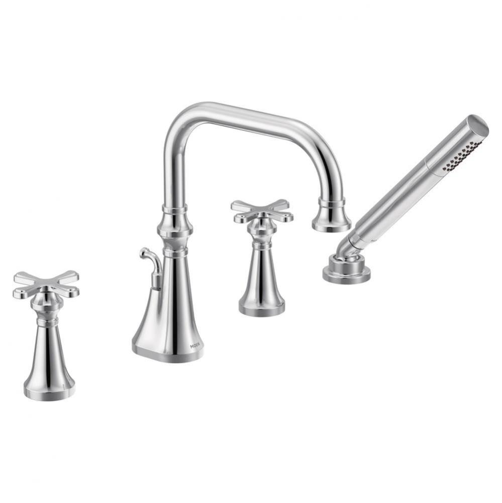 Colinet Two Handle Deck-Mount Roman Tub Faucet Trim with Cross Handles and Handshower, Valve Requi