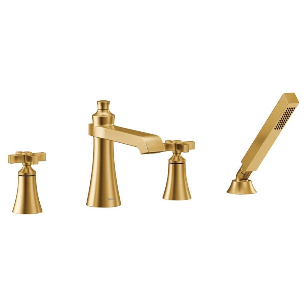 Flara 2-Handle Deck-Mount Roman Tub Faucet Trim Kit with Handshower in Brushed Gold (Valve Sold Se