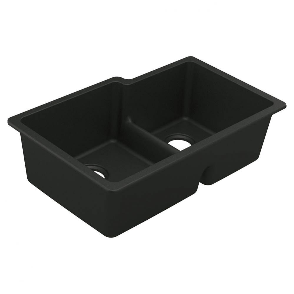 33-Inch Wide x 9.5-Inch Deep Low-Divide Undermount Granite Double Bowl Kitchen Sink, Black