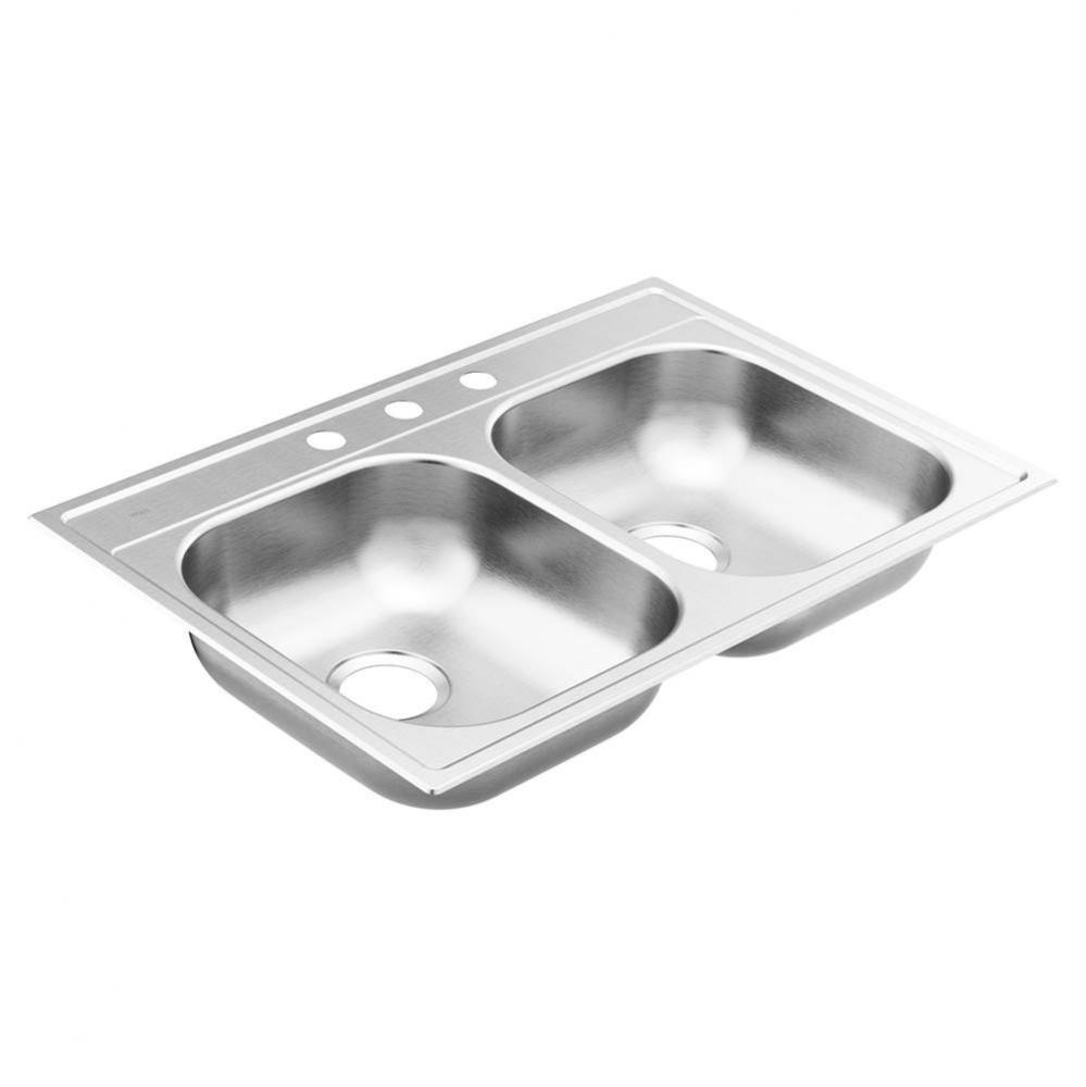 2000 Series 33-inch 20 Gauge Drop-in Double Bowl Stainless Steel Kitchen Sink, 3 Hole, Featuring Q