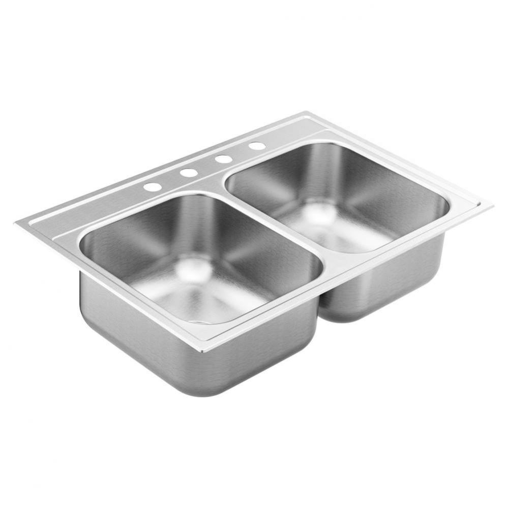 1800 Series 33-inch 18 Gauge Drop-in Double Bowl Stainless Steel Kitchen Sink, 8-inch Depth, Featu